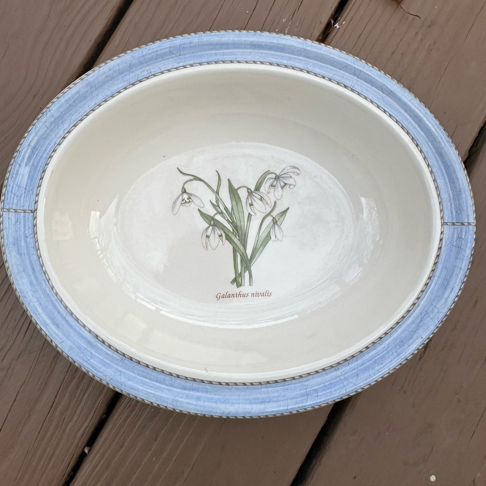 Wedgwood Oval Bowl with Blue and White Floral Design Snowdrop Sarah’s Garden 12”